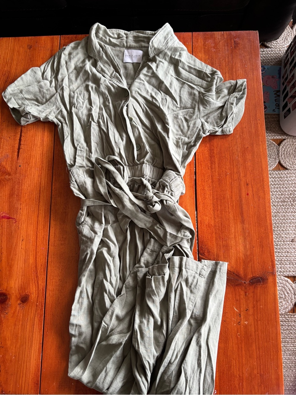 Carly Jean Los Angeles Light Sage Short-Sleeve Button Jumpsuit